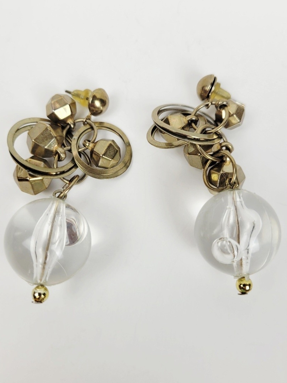 Vtg Goldtone Dangle Post Earrings~Lucite Ball Bubble~Geometric Bezel~Rings